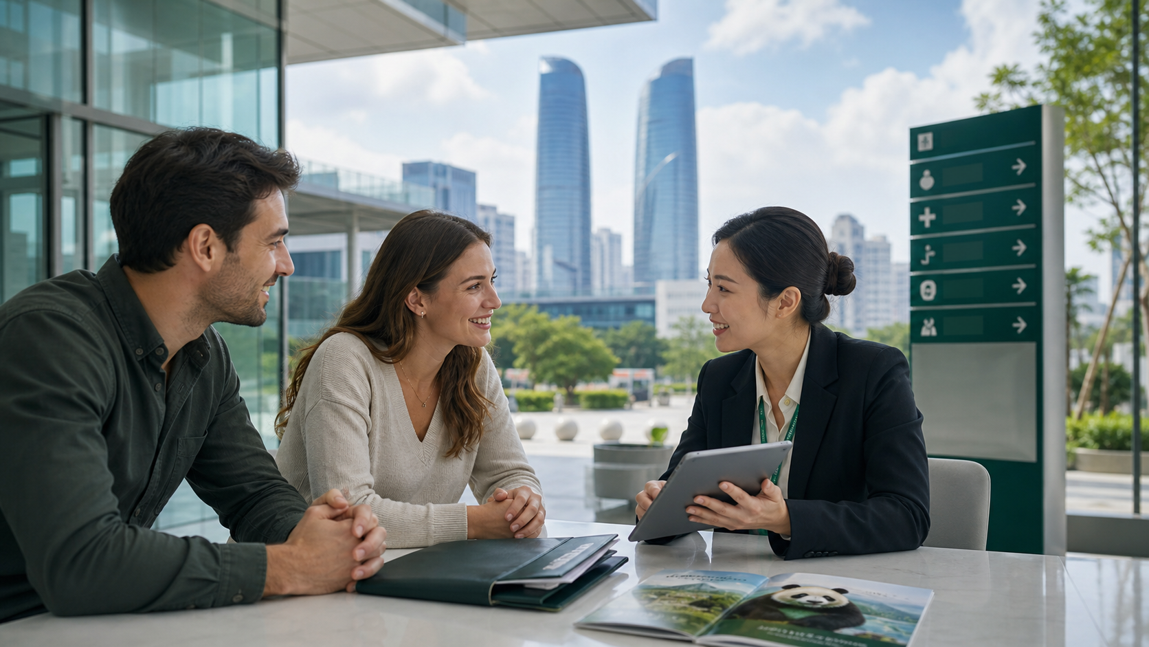 A medical concierge consultation with international patients in Chengdu with the Chengdu Twin Towers visible